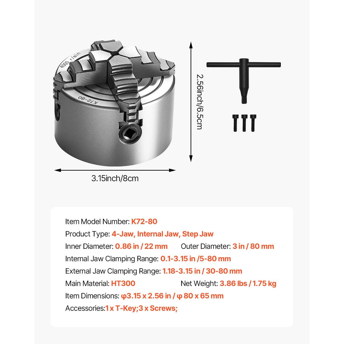 4-Jaw Lathe Chuck, 3 Inch (80 mm), 4-Jaw Chuck, 0.1-3.15 in (5-80 mm) Clamping Range with T-key Fixing Screws Reversible Jaws, HT300 Material, Internal External for Wood Metal Lathe