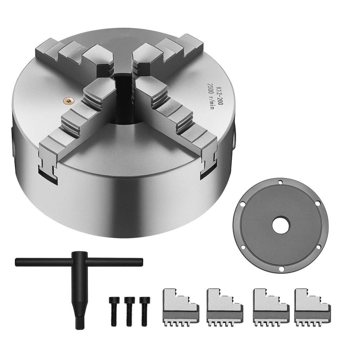 4-Jaw Lathe Chuck, 8 Inch (200 mm), Self-Centering Chuck with 1 1/2 in-8 Threaded Backing Plate, 0.16-7.87 in (4-200 mm) Clamping Range with T-wrench Screws, HT300 Material, for Wood Metal Lathe