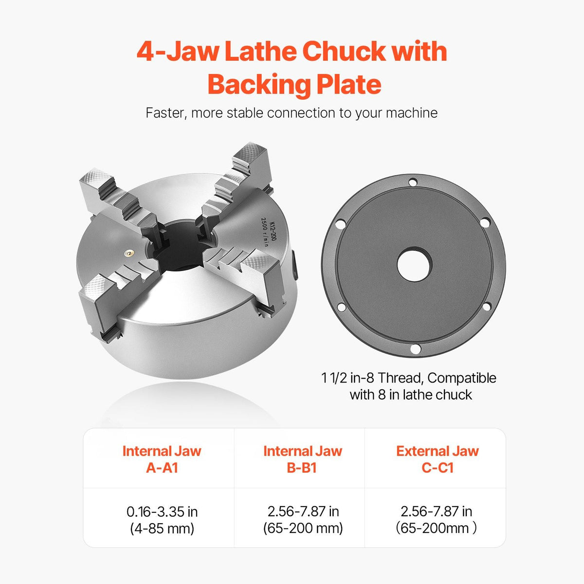 4-Jaw Lathe Chuck, 8 Inch (200 mm), Self-Centering Chuck with 1 1/2 in-8 Threaded Backing Plate, 0.16-7.87 in (4-200 mm) Clamping Range with T-wrench Screws, HT300 Material, for Wood Metal Lathe