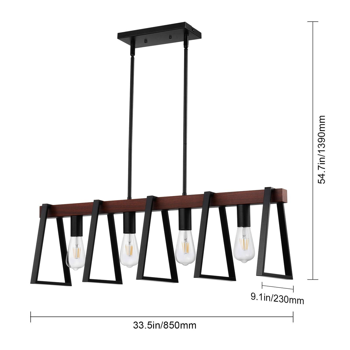 4-Light Kitchen Island Pendant Lights, 60W, Adjustable Dining Room Light Fixture with 2 x 6'' and 6 x 12'' Rods, Industrial Metal Frame Farmhouse Linear Chandeliers Lighting for Dining Room, E26