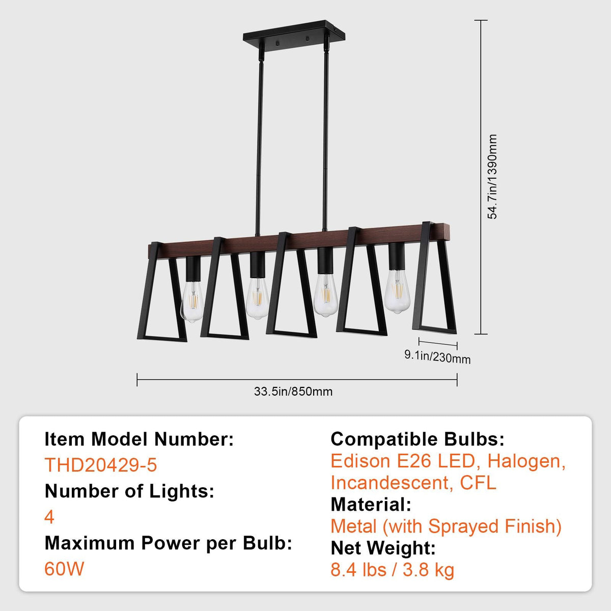 4-Light Kitchen Island Pendant Lights, 60W, Adjustable Dining Room Light Fixture with 2 x 6'' and 6 x 12'' Rods, Industrial Metal Frame Farmhouse Linear Chandeliers Lighting for Dining Room, E26