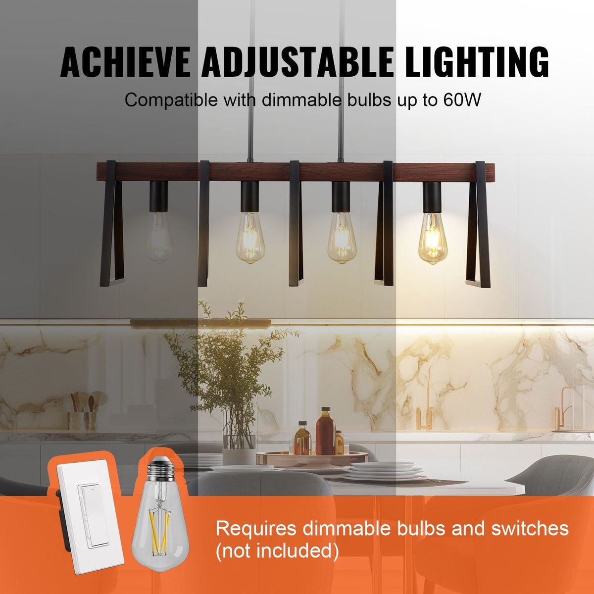 4-Light Kitchen Island Pendant Lights, 60W, Adjustable Dining Room Light Fixture with 2 x 6'' and 6 x 12'' Rods, Industrial Metal Frame Farmhouse Linear Chandeliers Lighting for Dining Room, E26