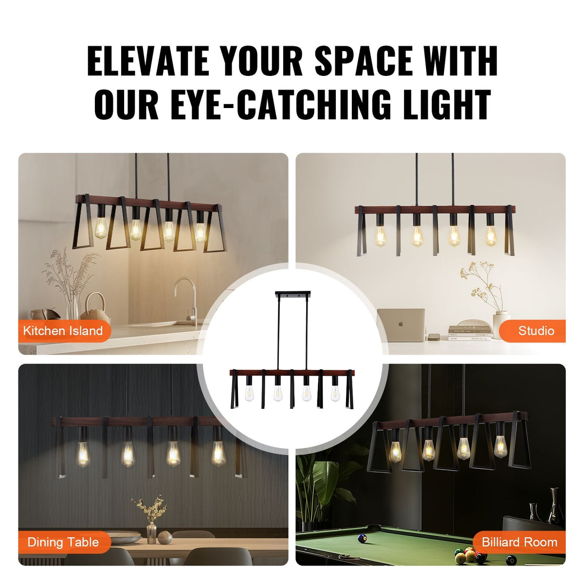 4-Light Kitchen Island Pendant Lights, 60W, Adjustable Dining Room Light Fixture with 2 x 6'' and 6 x 12'' Rods, Industrial Metal Frame Farmhouse Linear Chandeliers Lighting for Dining Room, E26