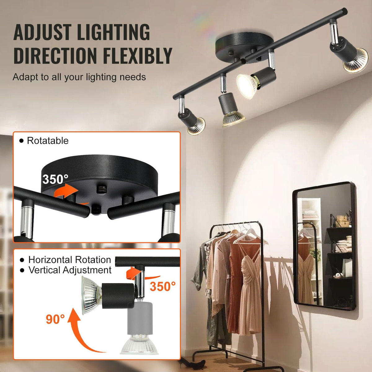 4-Light LED Track Lighting Kit, Ceiling Spot Light with Rotatable Light Arms and Heads, 24.8" Track Lighting Fixture, Included 4 GU10 3000K Bulbs for Indoors Exhibition, Kitchen, Living Room