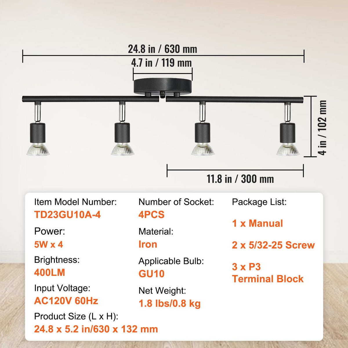 4-Light LED Track Lighting Kit, Ceiling Spot Light with Rotatable Light Arms and Heads, 24.8" Track Lighting Fixture, Included 4 GU10 3000K Bulbs for Indoors Exhibition, Kitchen, Living Room