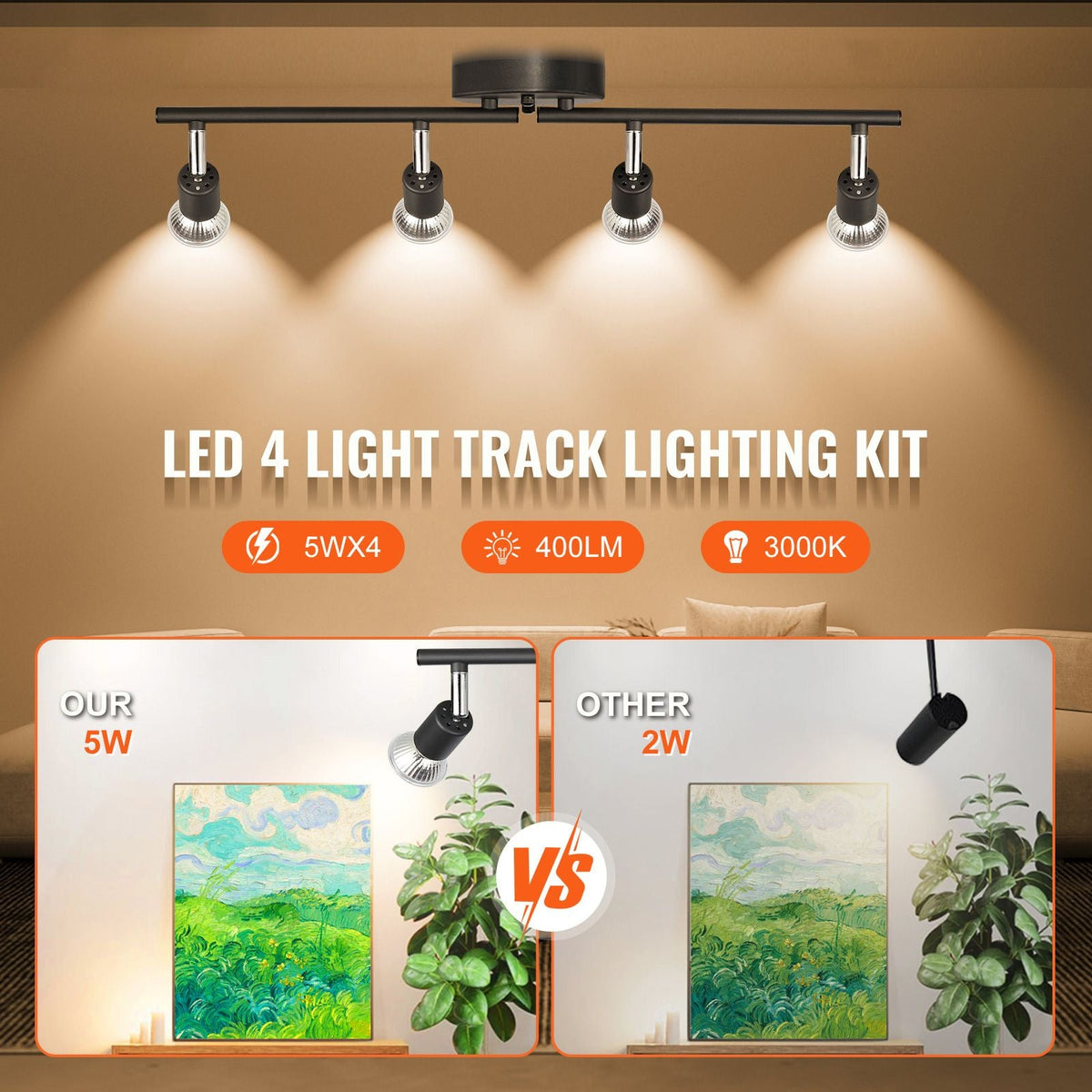 4-Light LED Track Lighting Kit, Ceiling Spot Light with Rotatable Light Arms and Heads, 24.8" Track Lighting Fixture, Included 4 GU10 3000K Bulbs for Indoors Exhibition, Kitchen, Living Room