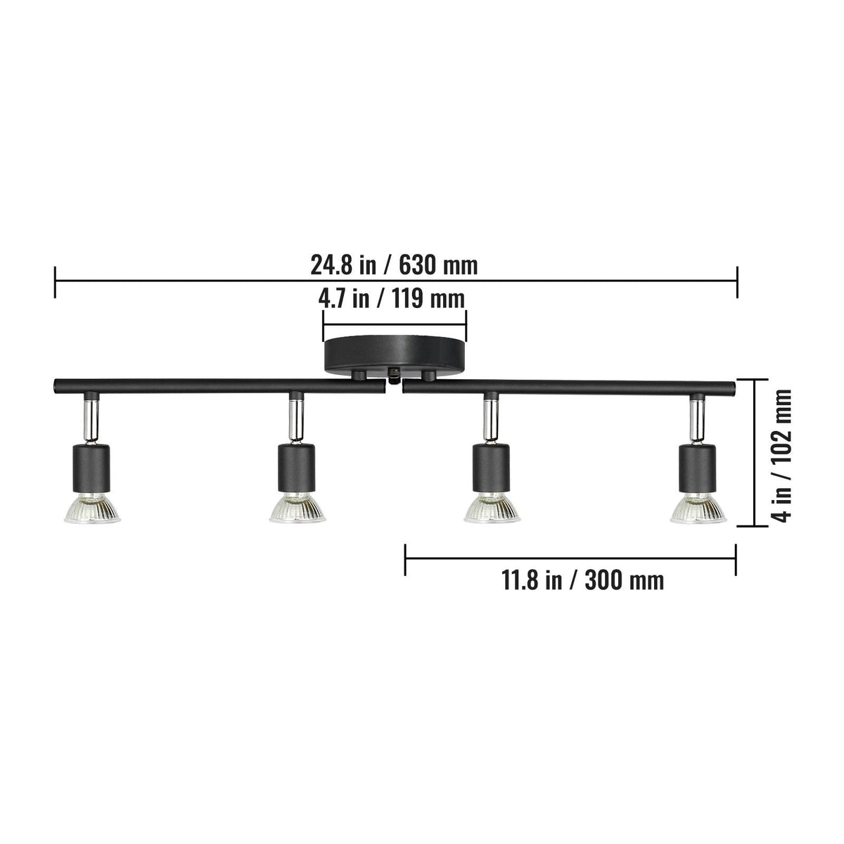 4-Light LED Track Lighting Kit, Ceiling Spot Light with Rotatable Light Arms and Heads, 24.8" Track Lighting Fixture, Included 4 GU10 3000K Bulbs for Indoors Exhibition, Kitchen, Living Room