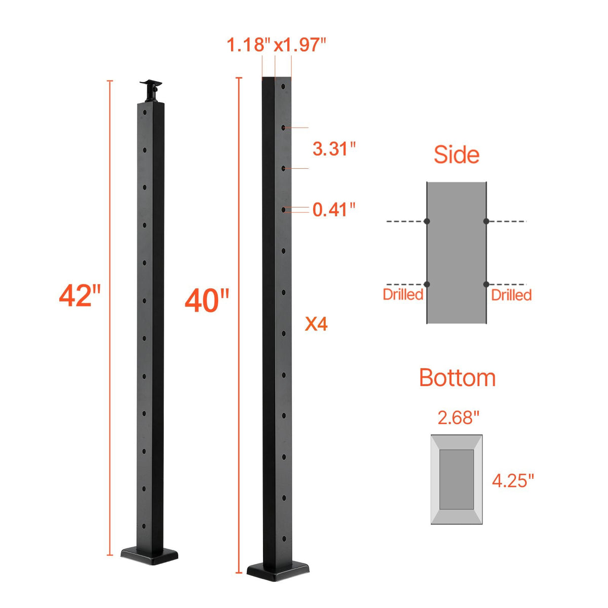 4-Pack Cable Railing Post, 42x1x2 In Horizontal-Hole Deck Railing Post with Pre-Drilled Holes, Stainless Steel Cable Rail Post with Horizontal and Curved Bracket, Black, 4JZLGZXHS106REP67001V0