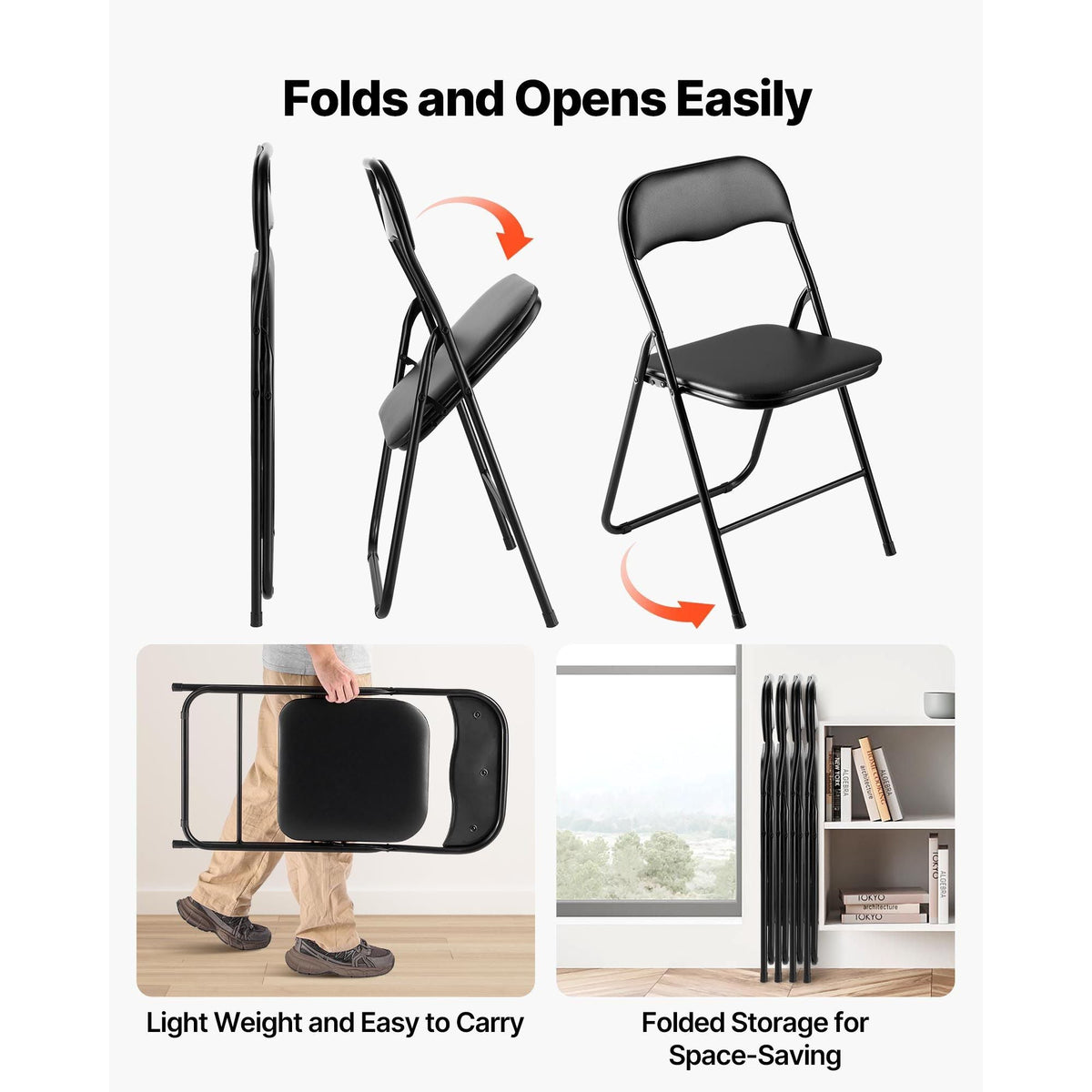 4 Pack Folding Chairs, Foldable Leather Chairs with Heavy Duty Metal Frame & Padded Cushion, Portable Folding Card Table Chairs, Stackable Seats for Home, Yard, Garden, Parties, Events, Black