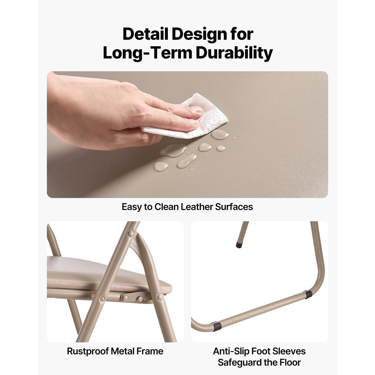 4 Pack Folding Chairs, Foldable Leather Chairs with Heavy Duty Metal Frame & Padded Cushion, Portable Folding Card Table Chairs, Stackable Seats for Home, Yard, Garden, Parties, Events, Khaki