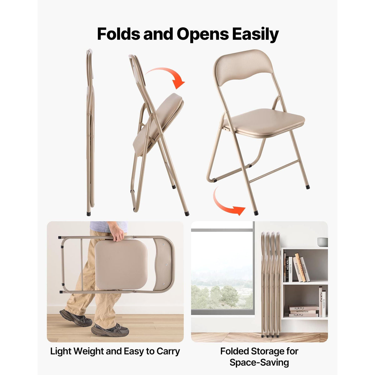 4 Pack Folding Chairs, Foldable Leather Chairs with Heavy Duty Metal Frame & Padded Cushion, Portable Folding Card Table Chairs, Stackable Seats for Home, Yard, Garden, Parties, Events, Khaki