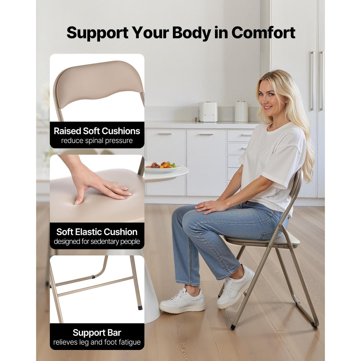 4 Pack Folding Chairs, Foldable Leather Chairs with Heavy Duty Metal Frame & Padded Cushion, Portable Folding Card Table Chairs, Stackable Seats for Home, Yard, Garden, Parties, Events, Khaki