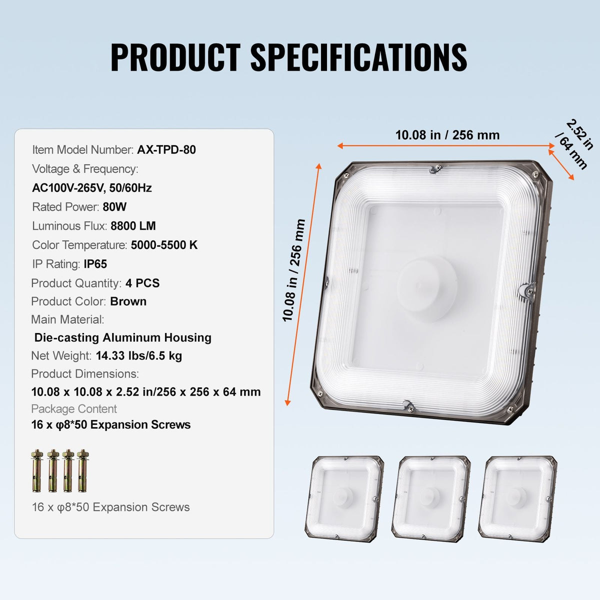 4 Pack LED Canopy Lights, 80W, 8800LM 5000K Daylight Commercial Industrial Outdoor Canopy Lights, 10.08"x10.08" Surface Mount Ceiling Lighting for Gas Station Warehouse Garage Street Shop, IP65