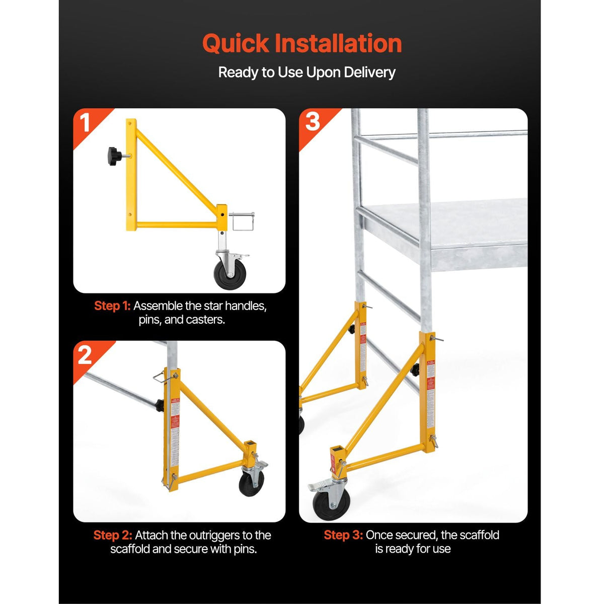 4-Pack Scaffold Outriggers, 1000 lbs Total Load Capacity Baker-Style Scaffolding Accessory with Swivel Casters, Carbon Steel Scaffold Wheel System with Rust Proof Galvanized Surface, Yellow