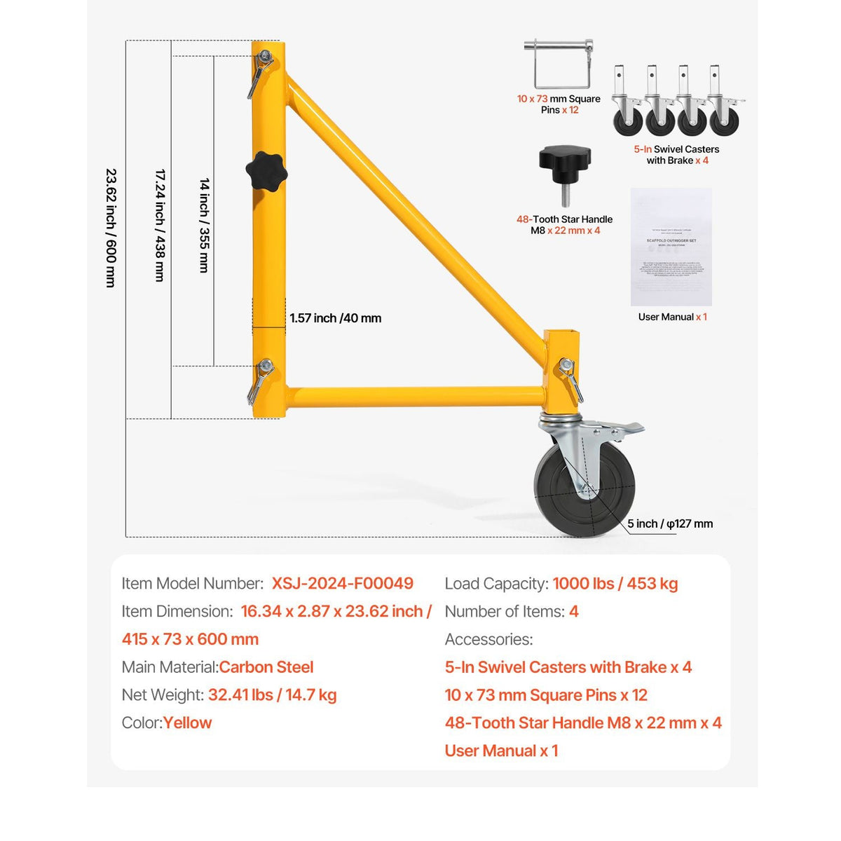 4-Pack Scaffold Outriggers, 1000 lbs Total Load Capacity Baker-Style Scaffolding Accessory with Swivel Casters, Carbon Steel Scaffold Wheel System with Rust Proof Galvanized Surface, Yellow