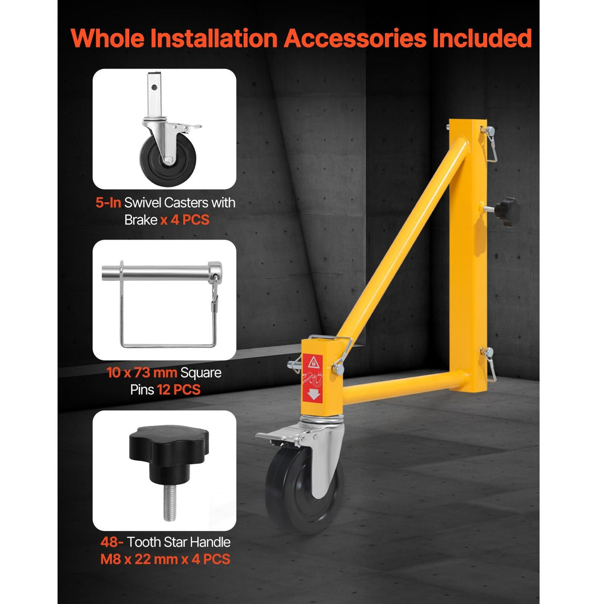 4-Pack Scaffold Outriggers, 1000 lbs Total Load Capacity Baker-Style Scaffolding Accessory with Swivel Casters, Carbon Steel Scaffold Wheel System with Rust Proof Galvanized Surface, Yellow