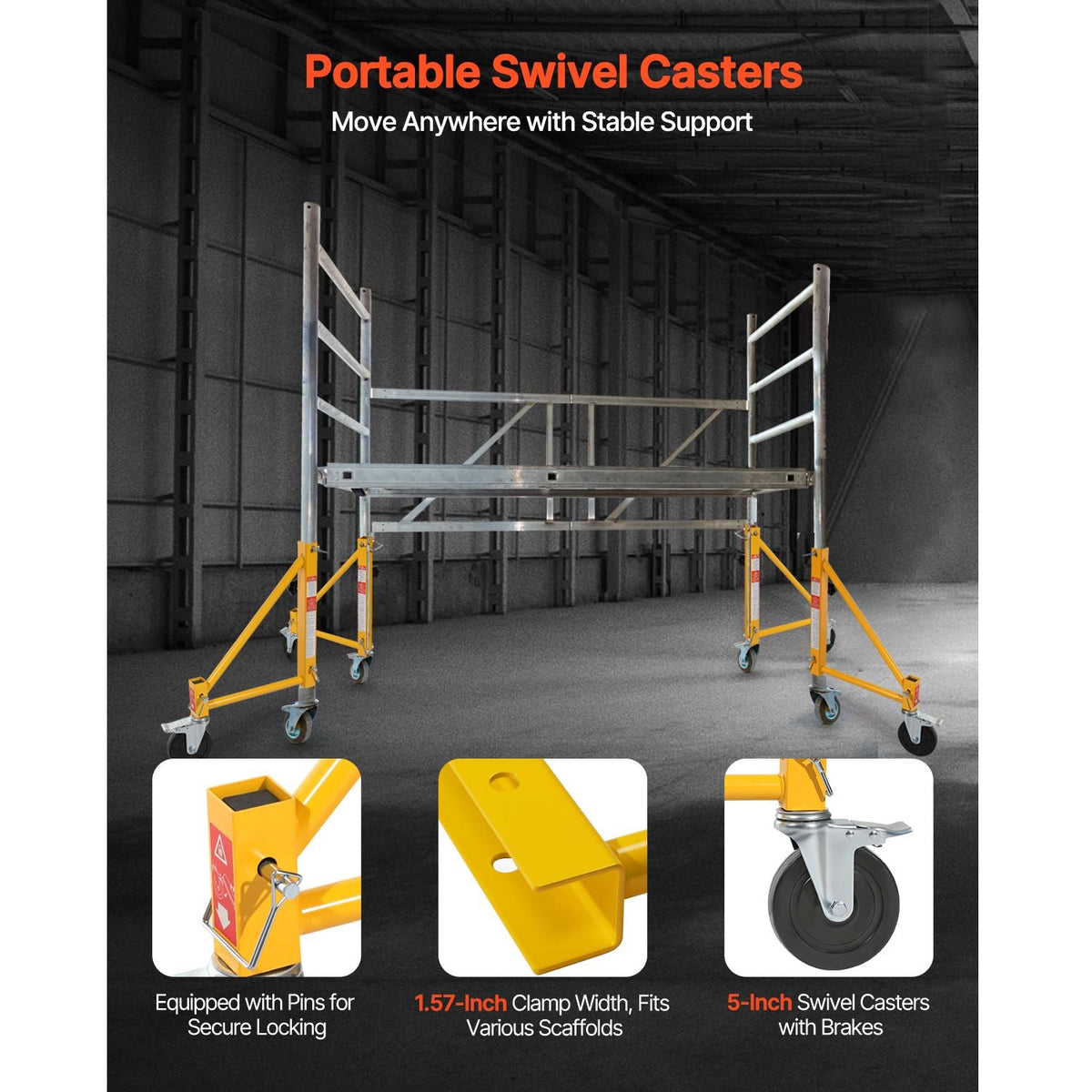 4-Pack Scaffold Outriggers, 1000 lbs Total Load Capacity Baker-Style Scaffolding Accessory with Swivel Casters, Carbon Steel Scaffold Wheel System with Rust Proof Galvanized Surface, Yellow