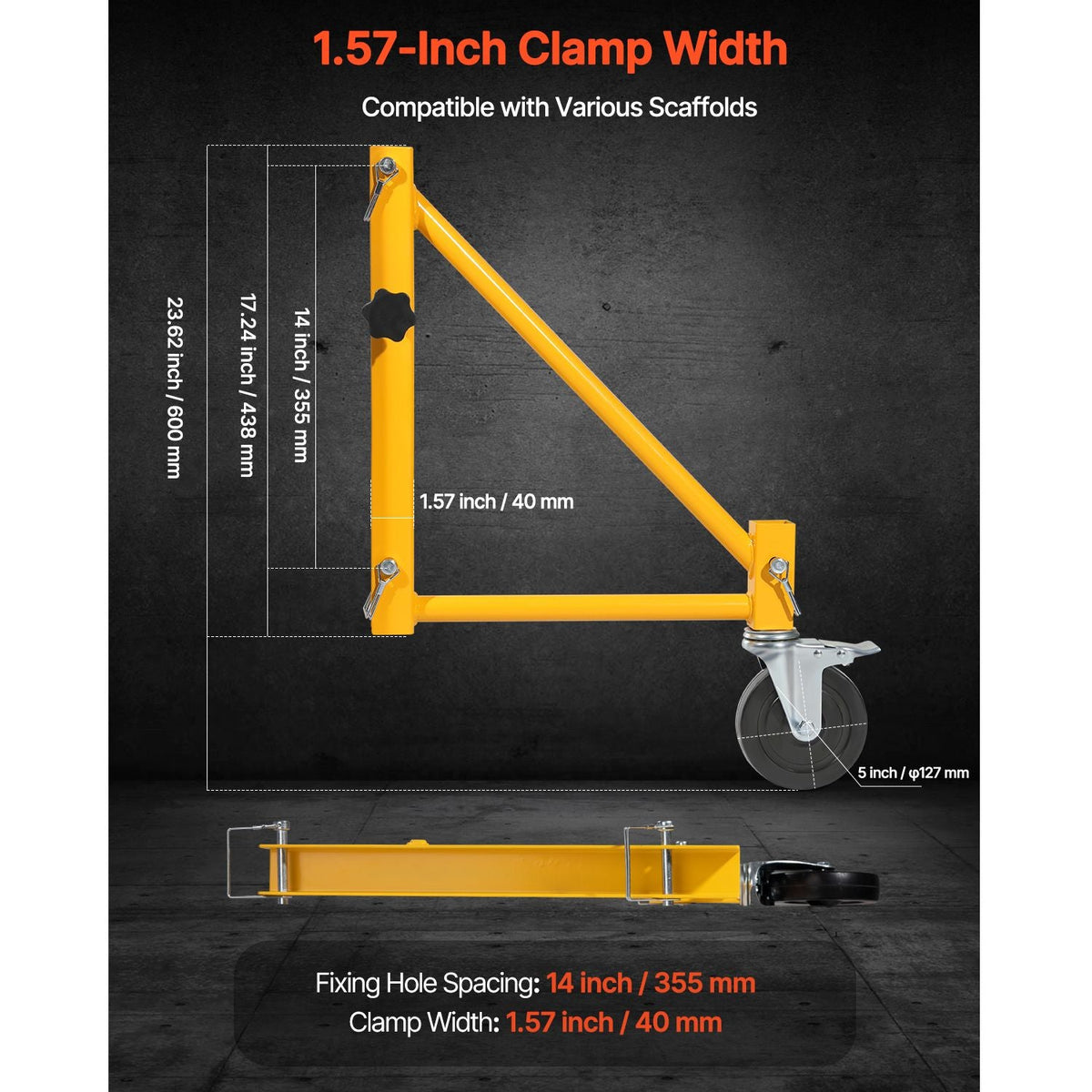 4-Pack Scaffold Outriggers, 1000 lbs Total Load Capacity Baker-Style Scaffolding Accessory with Swivel Casters, Carbon Steel Scaffold Wheel System with Rust Proof Galvanized Surface, Yellow