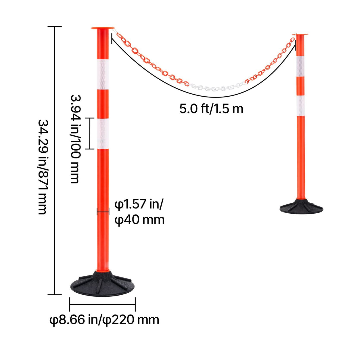4 Pack Traffic Delineator Posts, 34 in Traffic Safety Cones with Weighted Base, Reflective Strips and Chain, Heavy Duty Delineator Posts for Construction Site, Parking Lot, Crowd Control, Red