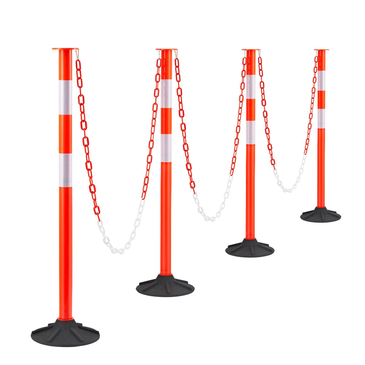 4 Pack Traffic Delineator Posts, 34 in Traffic Safety Cones with Weighted Base, Reflective Strips and Chain, Heavy Duty Delineator Posts for Construction Site, Parking Lot, Crowd Control, Red