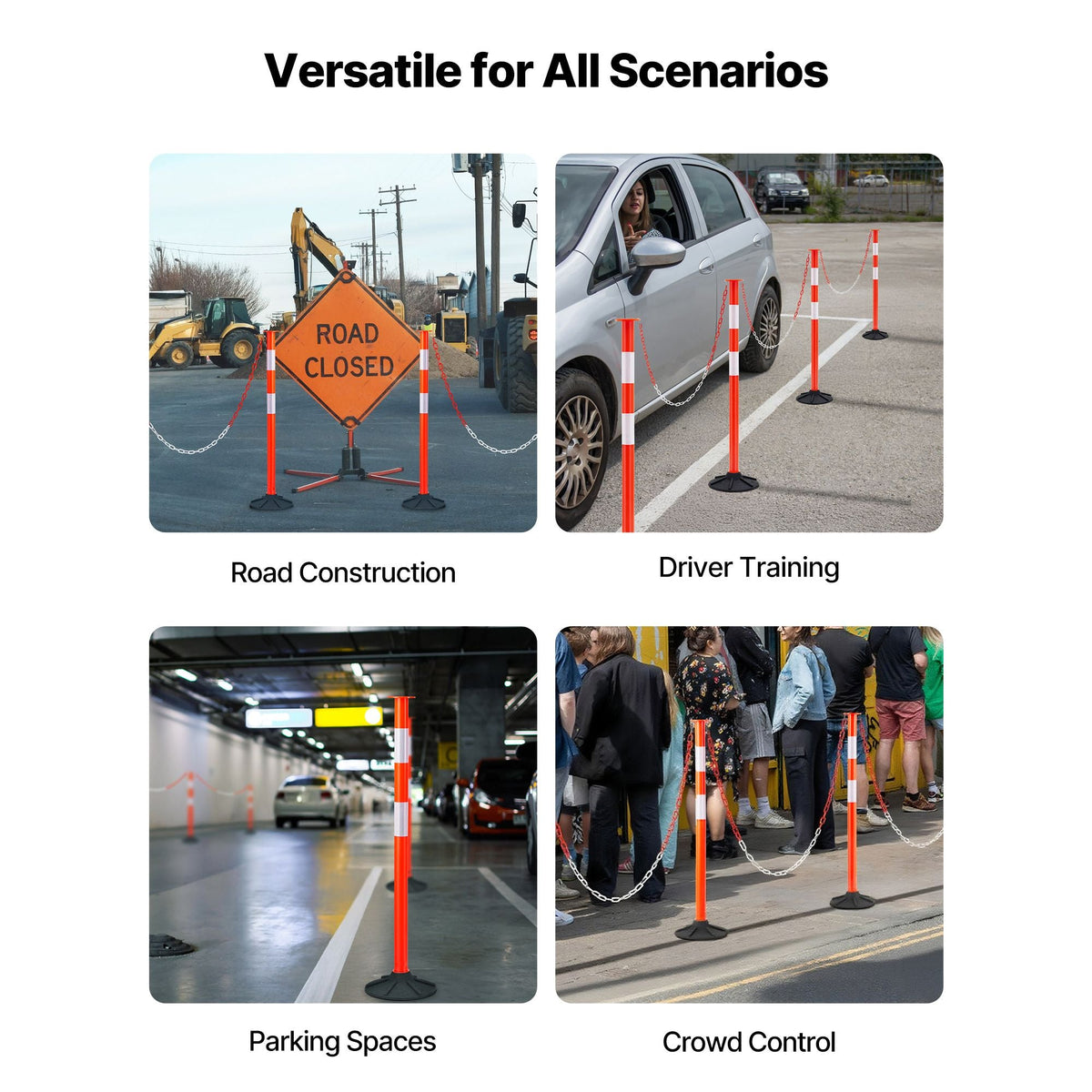 4 Pack Traffic Delineator Posts, 34 in Traffic Safety Cones with Weighted Base, Reflective Strips and Chain, Heavy Duty Delineator Posts for Construction Site, Parking Lot, Crowd Control, Red