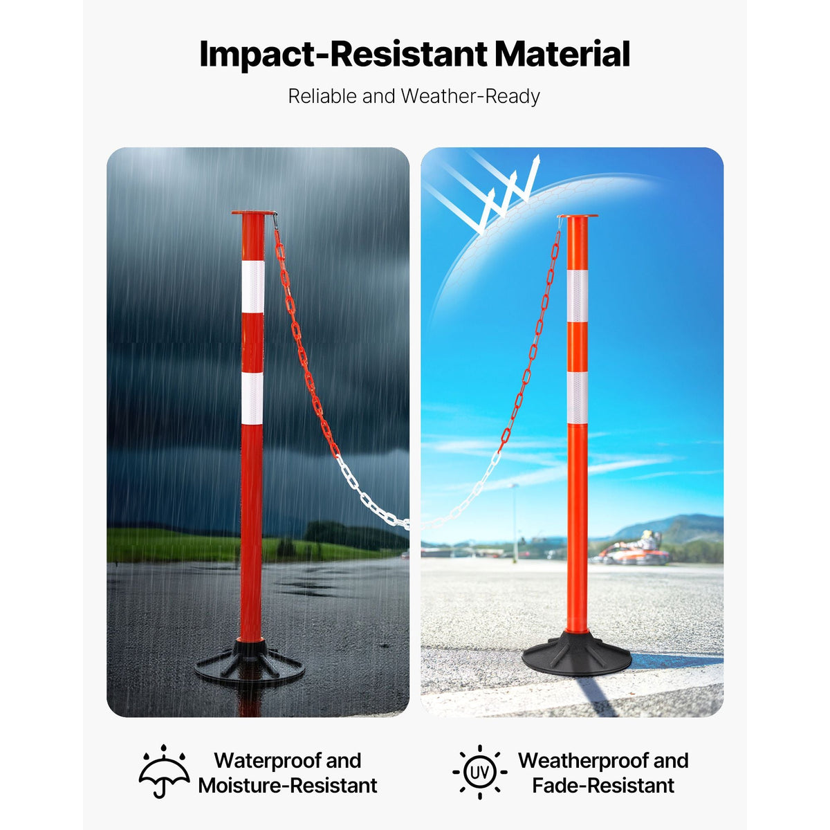 4 Pack Traffic Delineator Posts, 34 in Traffic Safety Cones with Weighted Base, Reflective Strips and Chain, Heavy Duty Delineator Posts for Construction Site, Parking Lot, Crowd Control, Red