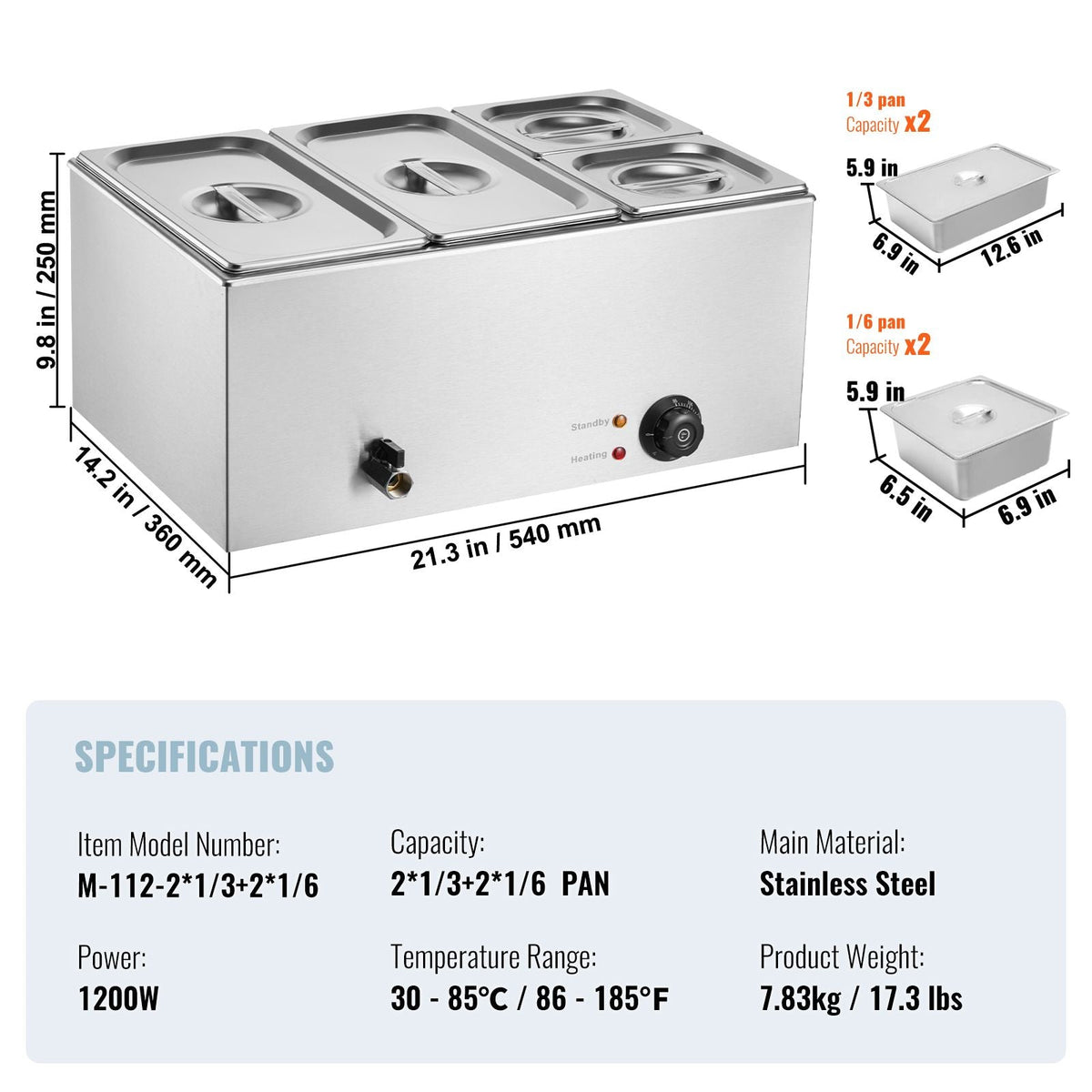 4-Pan Commercial Food Warmer, 16.4QT Electric Steam Table, 1200W Professional Countertop Stainless Steel Buffet Bain Marie with 86-185 Fahrenheit Temp Control, Silver