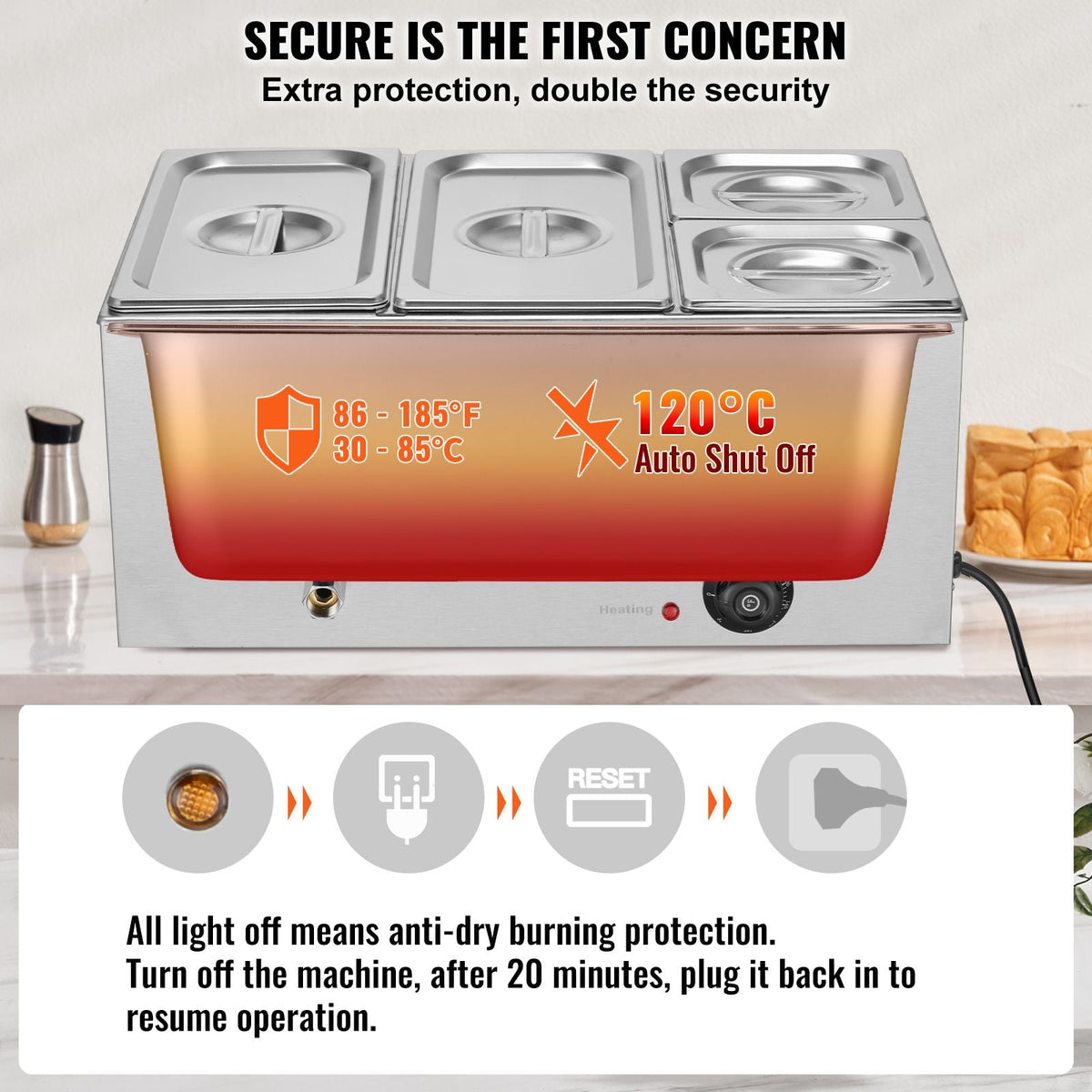4-Pan Commercial Food Warmer, 16.4QT Electric Steam Table, 1200W Professional Countertop Stainless Steel Buffet Bain Marie with 86-185 Fahrenheit Temp Control, Silver
