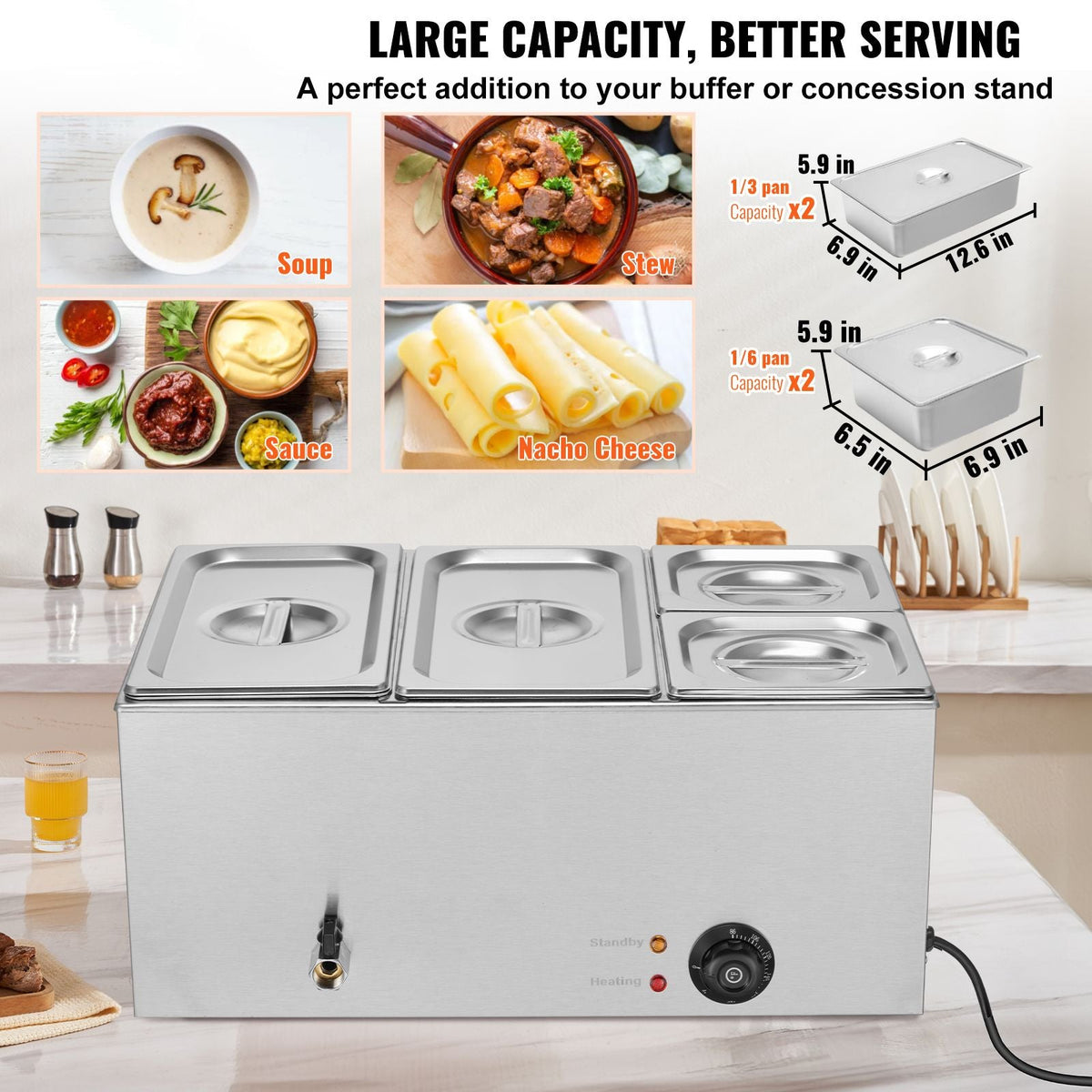 4-Pan Commercial Food Warmer, 16.4QT Electric Steam Table, 1200W Professional Countertop Stainless Steel Buffet Bain Marie with 86-185 Fahrenheit Temp Control, Silver
