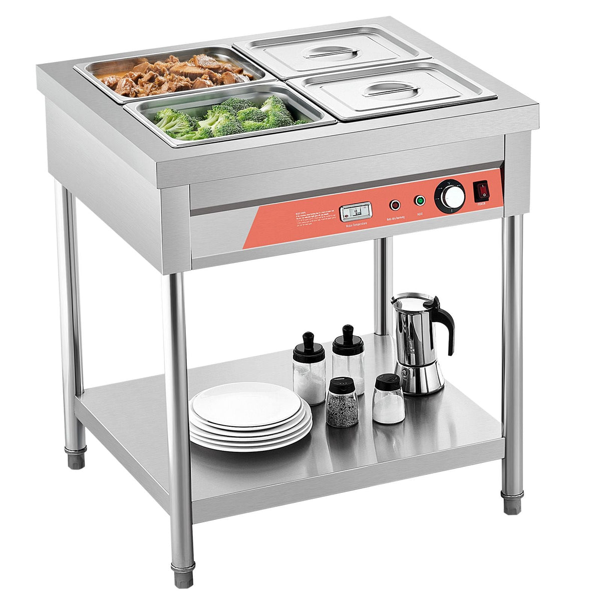 4-Pan Commercial Food Warmer, 4 x 1/2 Pans Electric Steam Table, 1500W Professional Buffet Catering Food Warmer with Undershelf, Stainless Steel Server for Restaurant Party Hotel