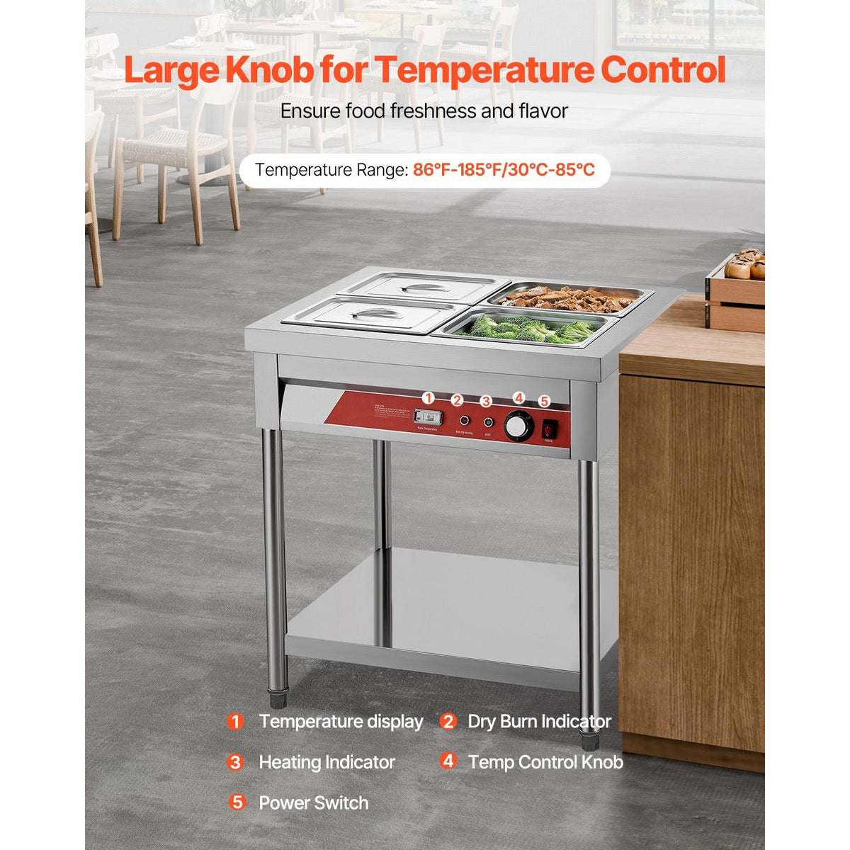 4-Pan Commercial Food Warmer, 4 x 1/2 Pans Electric Steam Table, 1500W Professional Buffet Catering Food Warmer with Undershelf, Stainless Steel Server for Restaurant Party Hotel