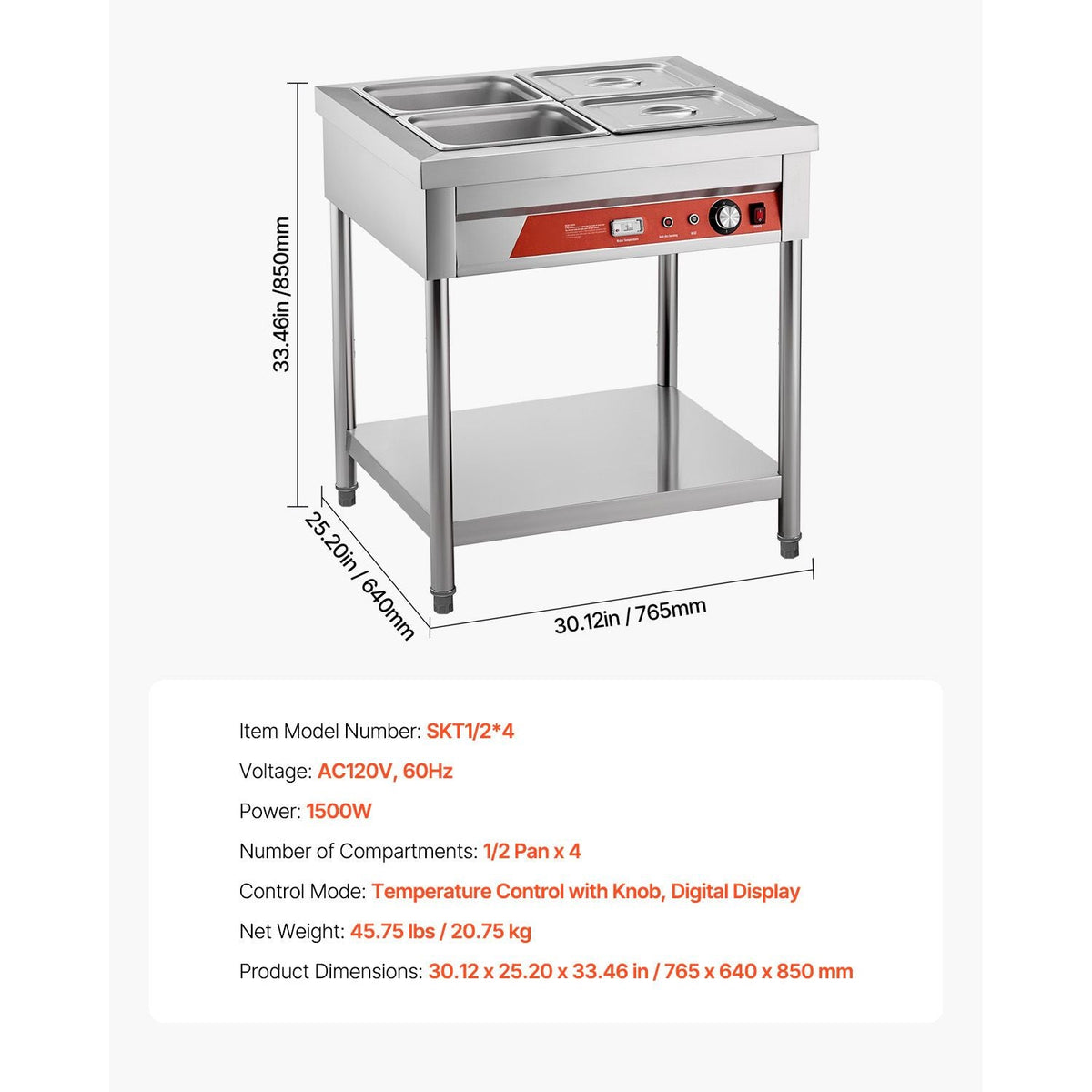 4-Pan Commercial Food Warmer, 4 x 1/2 Pans Electric Steam Table, 1500W Professional Buffet Catering Food Warmer with Undershelf, Stainless Steel Server for Restaurant Party Hotel
