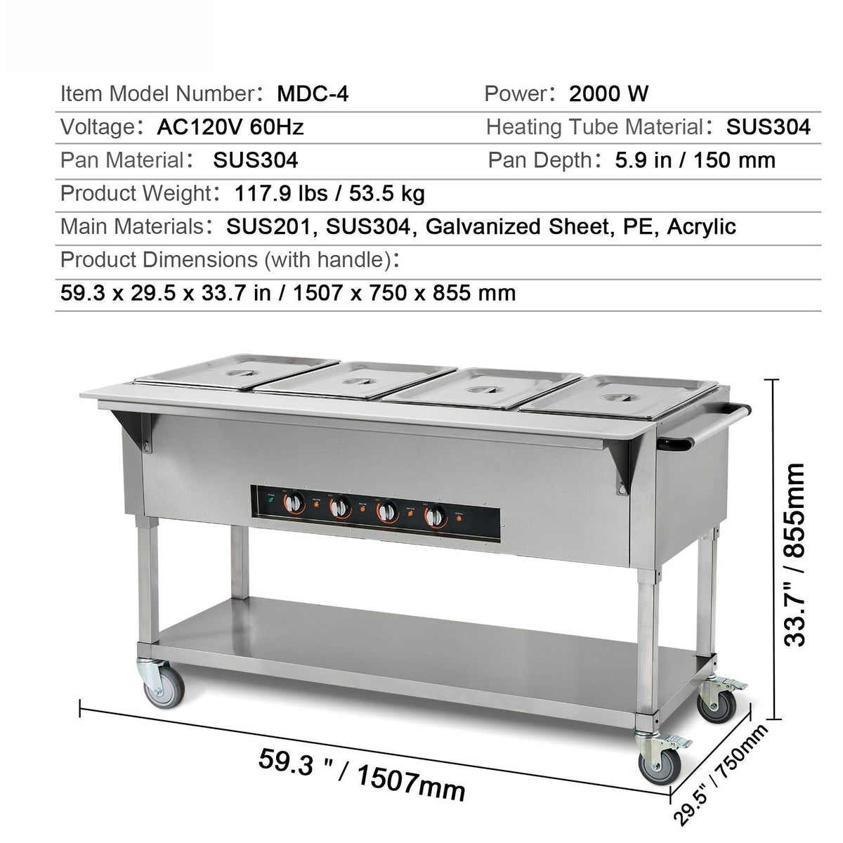 4-Pan Commercial Food Warmer, 4 x 20.6QT Electric Steam Table, 2000W Professional Buffet Catering Food Warmer with 4 Wheels (2 Lockable), Food Grade Stainless Steel Server for Party Restaurant