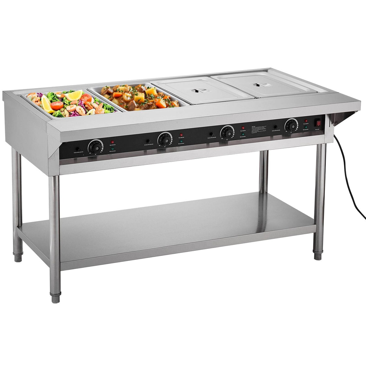 4-Pan Commercial Food Warmer, Electric Steam Table with Independent Temperature Control, 450W x 4 Stainless Steel Buffet Catering Food Warmer with Undershelf and Workspace, for Restaurant
