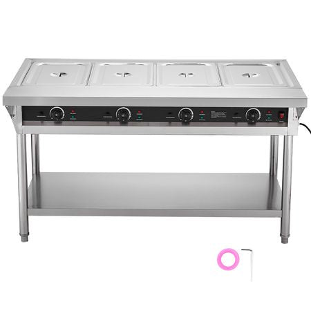 4-Pan Commercial Food Warmer, Electric Steam Table with Independent Temperature Control, 450W x 4 Stainless Steel Buffet Catering Food Warmer with Undershelf and Workspace, for Restaurant