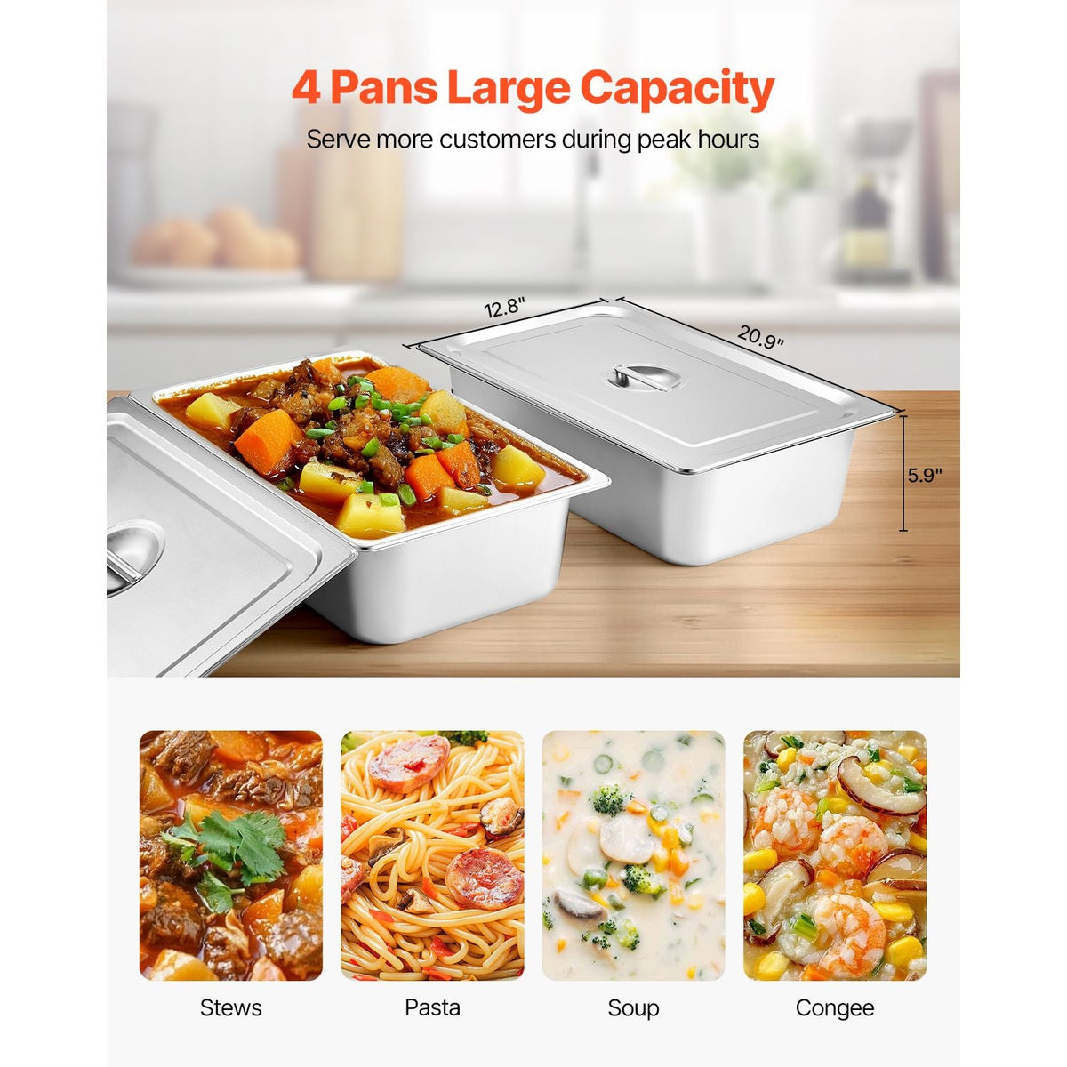 4-Pan Commercial Food Warmer, Electric Steam Table with Independent Temperature Control, 450W x 4 Stainless Steel Buffet Catering Food Warmer with Undershelf and Workspace, for Restaurant