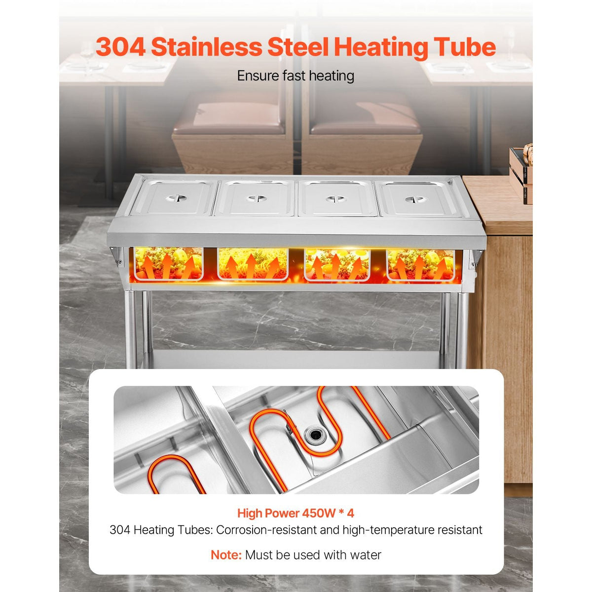 4-Pan Commercial Food Warmer, Electric Steam Table with Independent Temperature Control, 450W x 4 Stainless Steel Buffet Catering Food Warmer with Undershelf and Workspace, for Restaurant