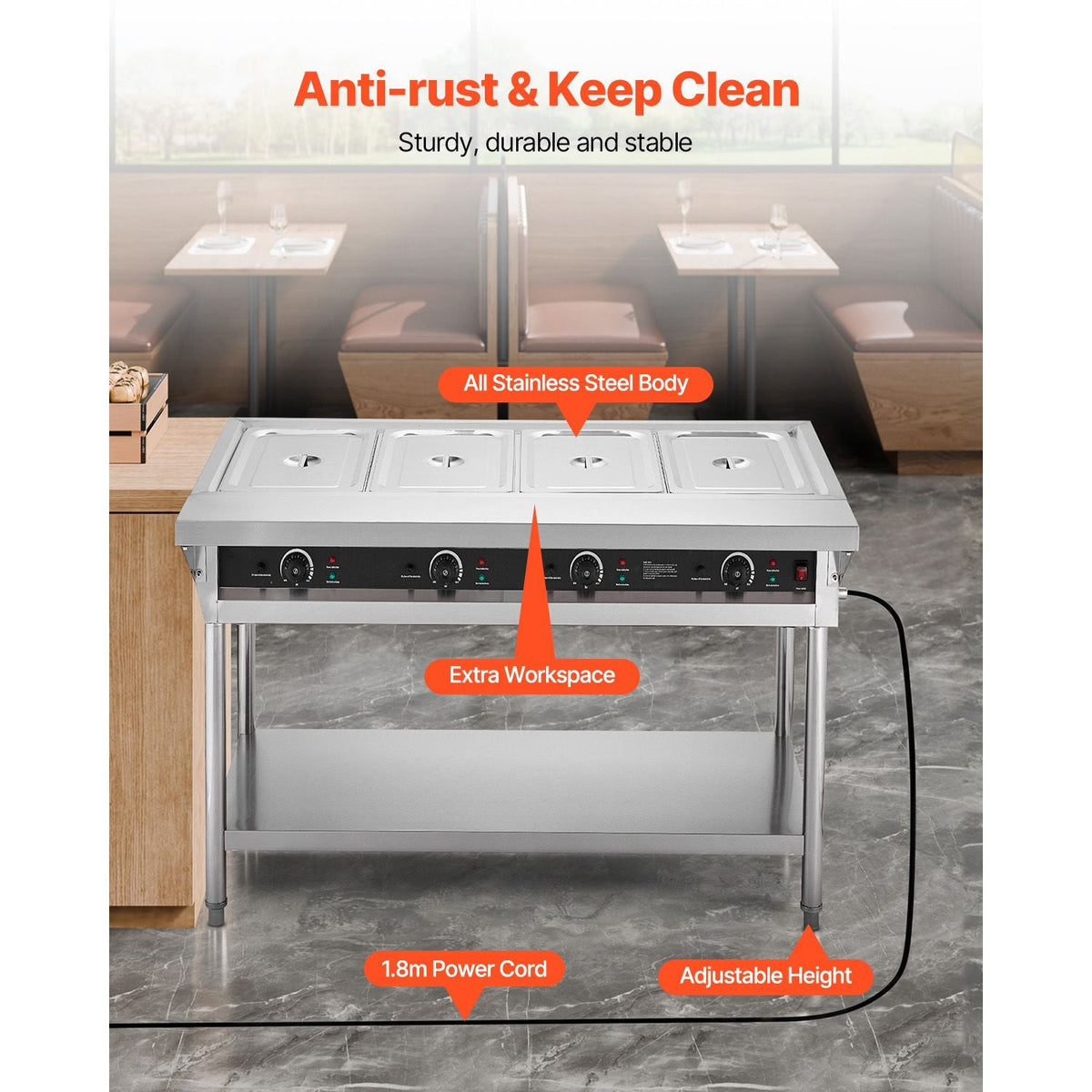 4-Pan Commercial Food Warmer, Electric Steam Table with Independent Temperature Control, 450W x 4 Stainless Steel Buffet Catering Food Warmer with Undershelf and Workspace, for Restaurant