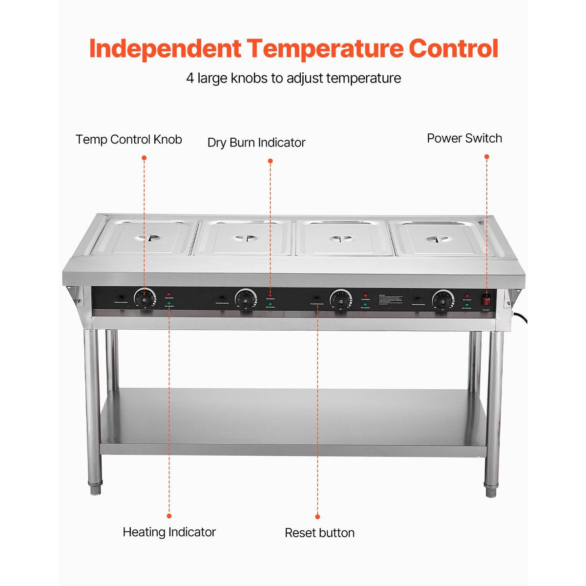 4-Pan Commercial Food Warmer, Electric Steam Table with Independent Temperature Control, 450W x 4 Stainless Steel Buffet Catering Food Warmer with Undershelf and Workspace, for Restaurant