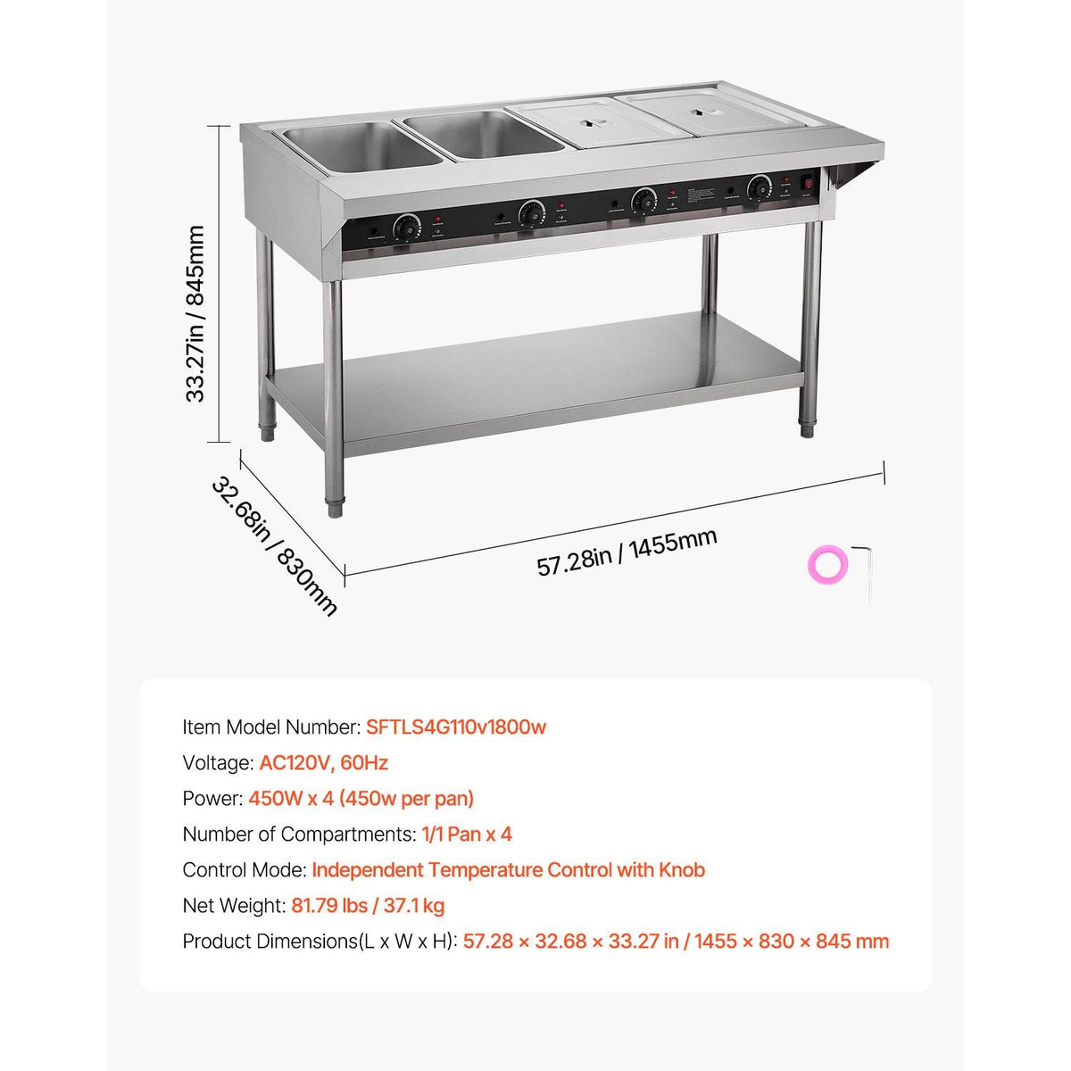 4-Pan Commercial Food Warmer, Electric Steam Table with Independent Temperature Control, 450W x 4 Stainless Steel Buffet Catering Food Warmer with Undershelf and Workspace, for Restaurant