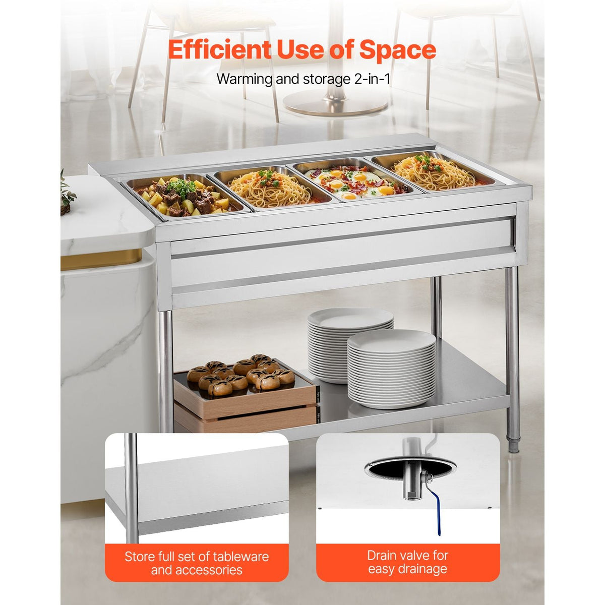 4-Pan Commercial Food Warmer, Electric Steam Table with Independent Temperature Control, 450W x 4 Stainless Steel Buffet Catering Food Warmer with Undershelf and Workspace, for Restaurant