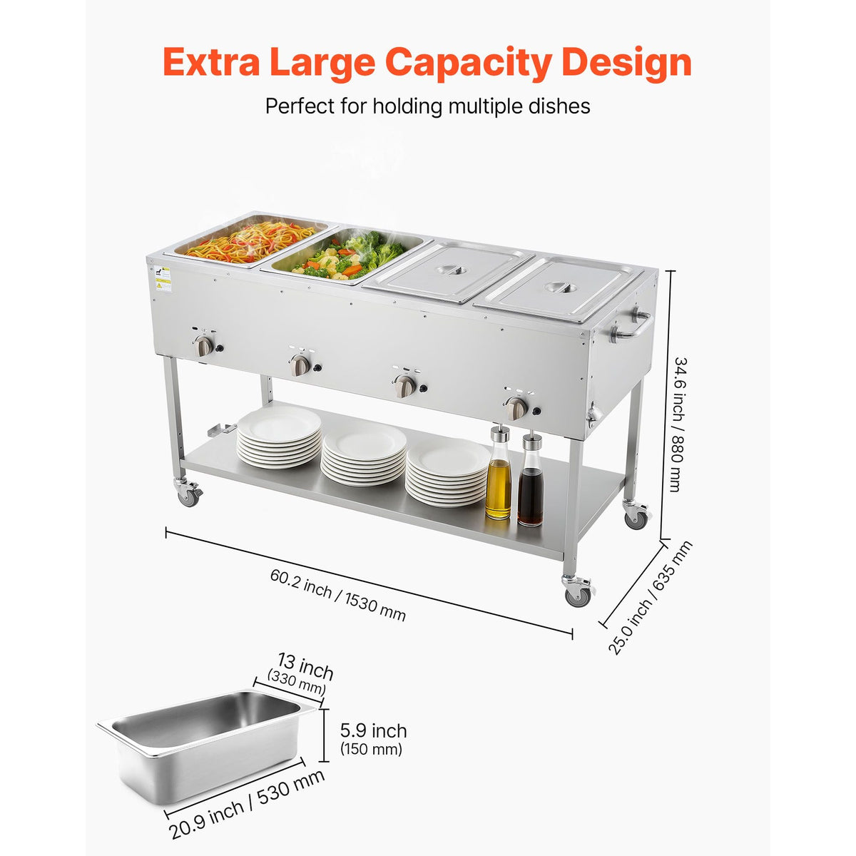 4-Pan Commercial Propane Steam Table, LP Gas Outdoor Soup Warmer with Drain Valve and 3" Wheels, Stainless Steel Propane Food Warmer with Independent Temp Control, for Restaurant Outdoor Camping