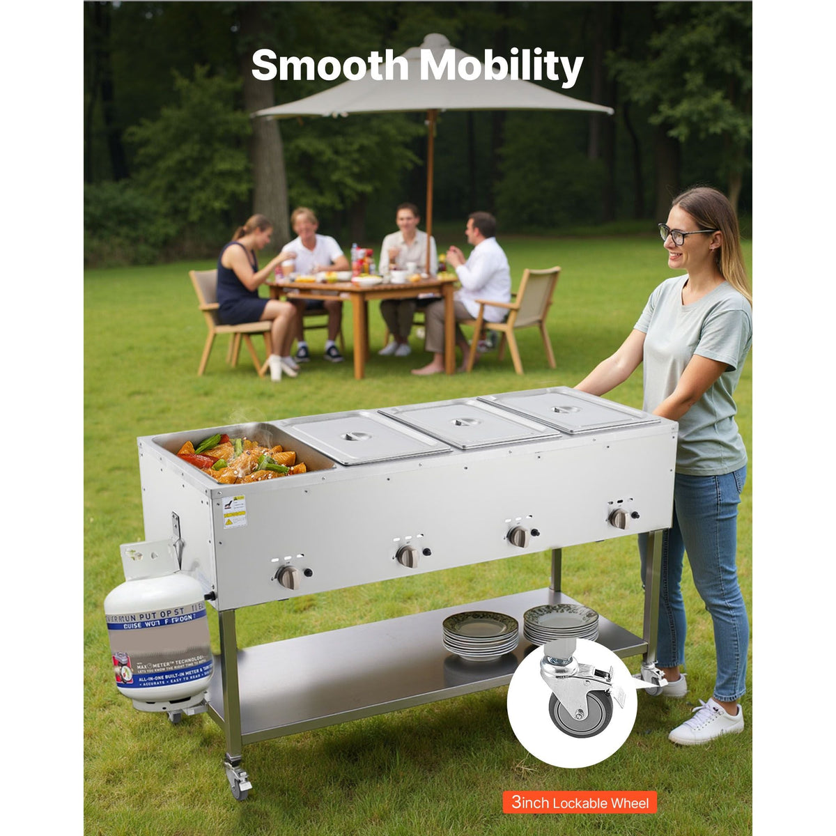 4-Pan Commercial Propane Steam Table, LP Gas Outdoor Soup Warmer with Drain Valve and 3" Wheels, Stainless Steel Propane Food Warmer with Independent Temp Control, for Restaurant Outdoor Camping