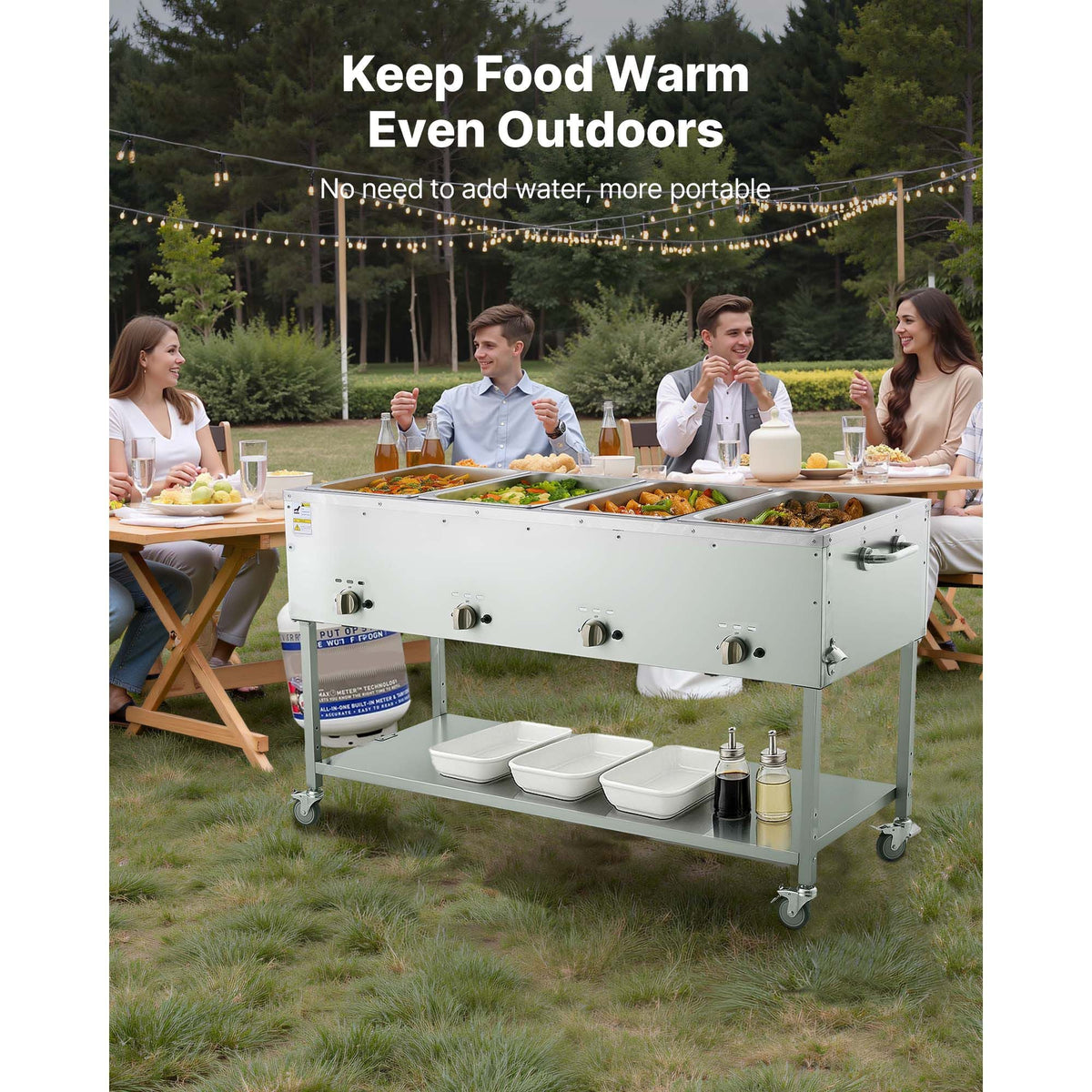 4-Pan Commercial Propane Steam Table, LP Gas Outdoor Soup Warmer with Drain Valve and 3" Wheels, Stainless Steel Propane Food Warmer with Independent Temp Control, for Restaurant Outdoor Camping