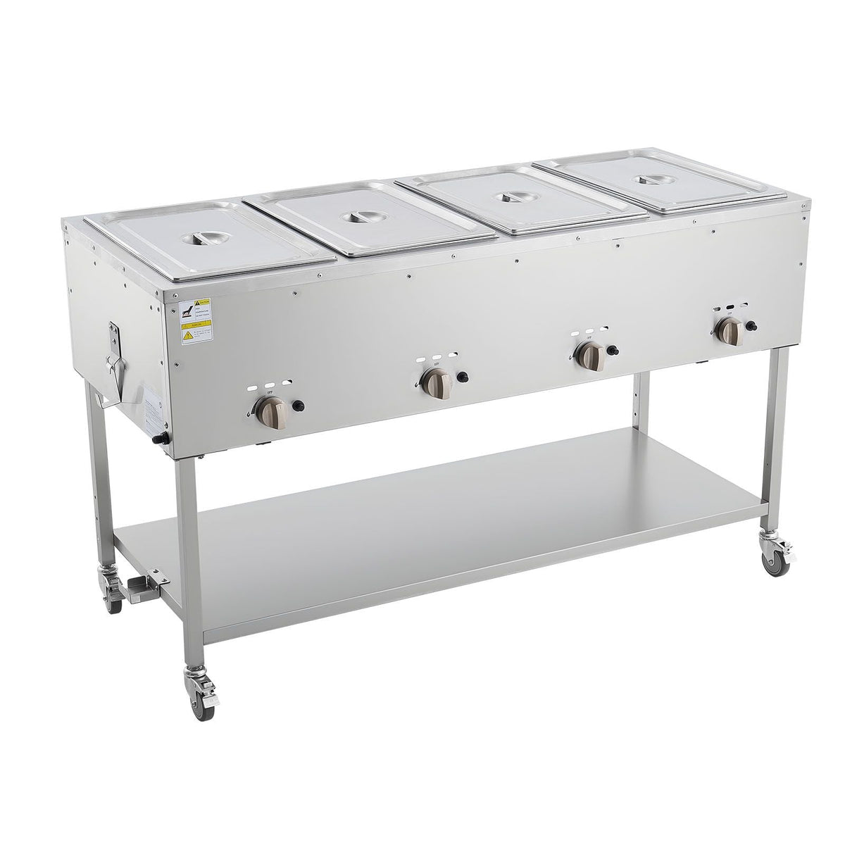 4-Pan Commercial Propane Steam Table, LP Gas Outdoor Soup Warmer with Drain Valve and 3" Wheels, Stainless Steel Propane Food Warmer with Independent Temp Control, for Restaurant Outdoor Camping