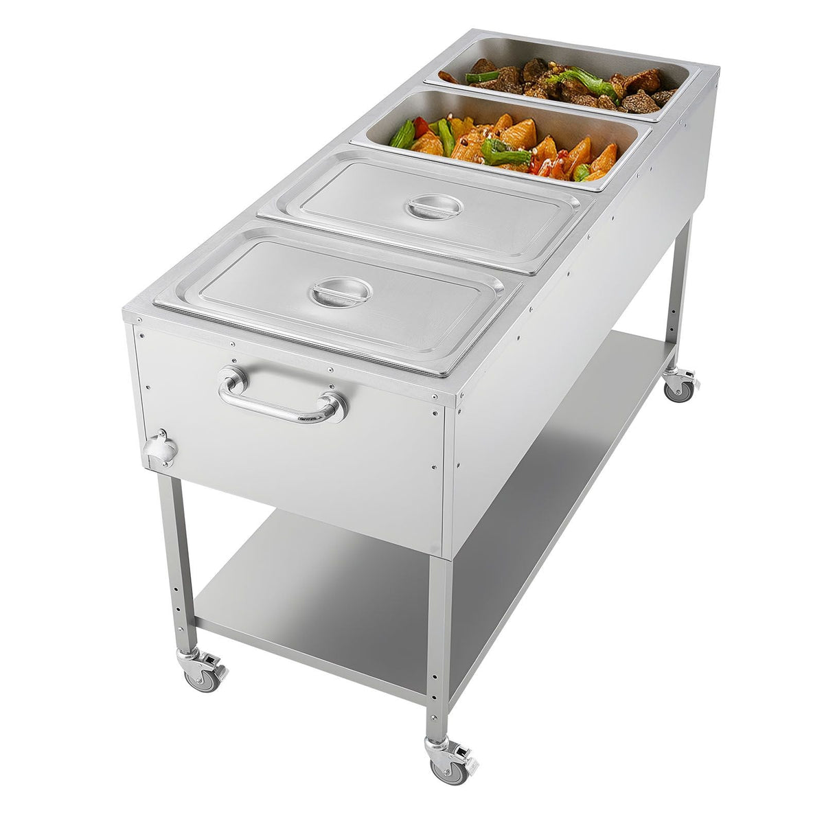 4-Pan Commercial Propane Steam Table, LP Gas Outdoor Soup Warmer with Drain Valve and 3" Wheels, Stainless Steel Propane Food Warmer with Independent Temp Control, for Restaurant Outdoor Camping