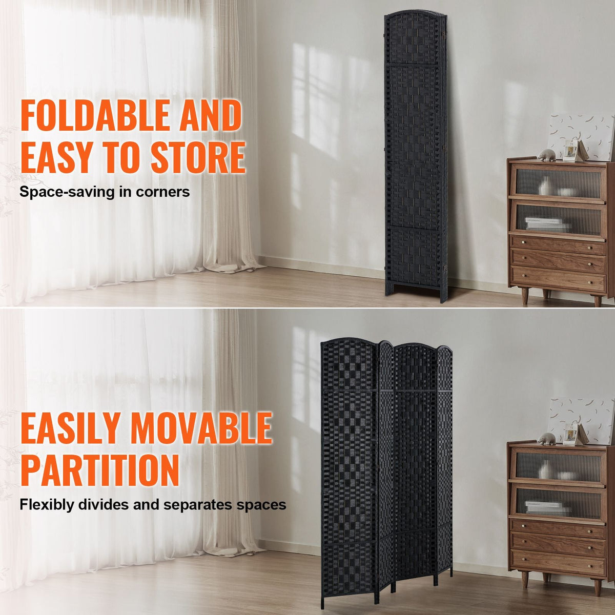 4 Panel Room Divider, Hand-Woven Folding Privacy Screens with Hinges, Portable and Freestanding Partition Room Dividers and Wall Divider for Room Separation, Black