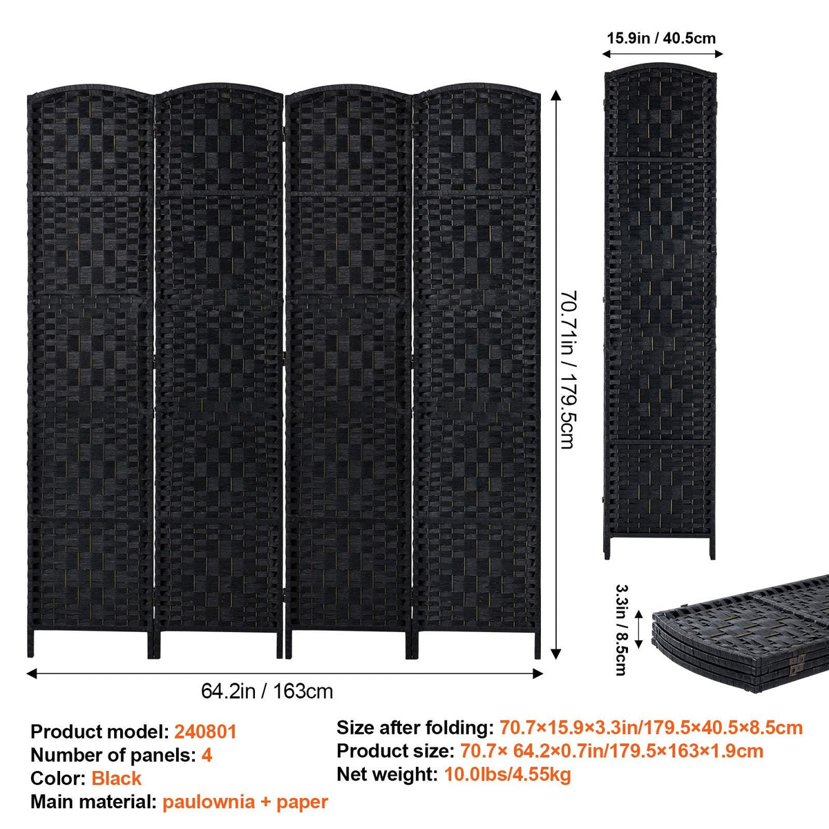 4 Panel Room Divider, Hand-Woven Folding Privacy Screens with Hinges, Portable and Freestanding Partition Room Dividers and Wall Divider for Room Separation, Black
