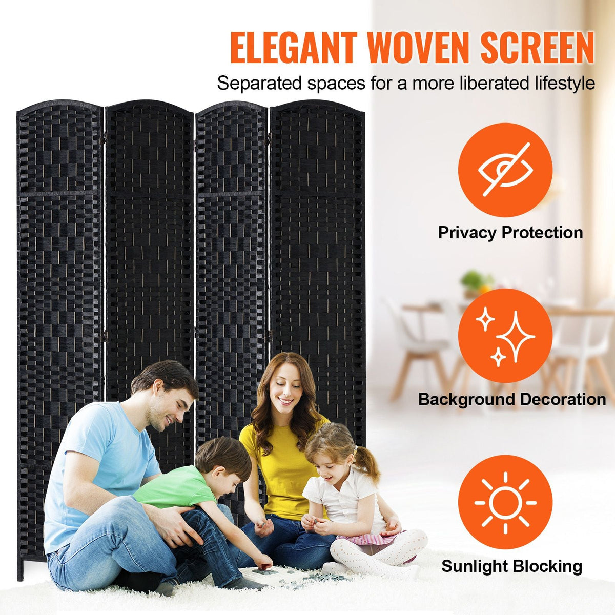 4 Panel Room Divider, Hand-Woven Folding Privacy Screens with Hinges, Portable and Freestanding Partition Room Dividers and Wall Divider for Room Separation, Black