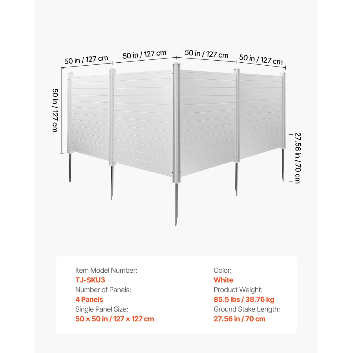 4 Panels Outdoor Privacy Screen, 50 x 50 in Air Conditioner Fence with 27.6 in Ground Stakes, Pool Equipment Enclosure, Horizontal Vinyl Privacy Fence, Ideal for Trash Can and A/C Units, White